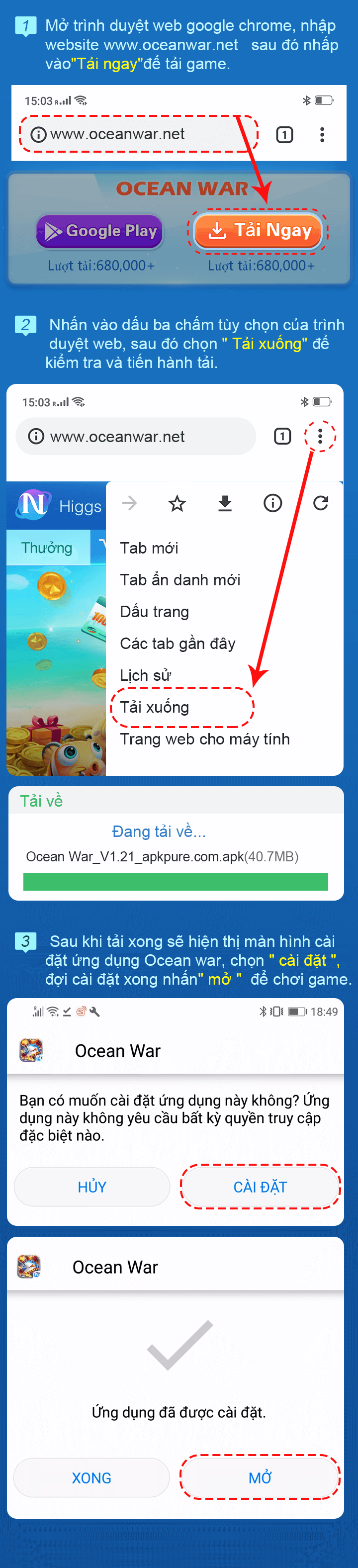Mở trình duyệt web google chorme, nhập website www.oceanwar.net sau đó nhấp vào'Ocean War'để tải game.